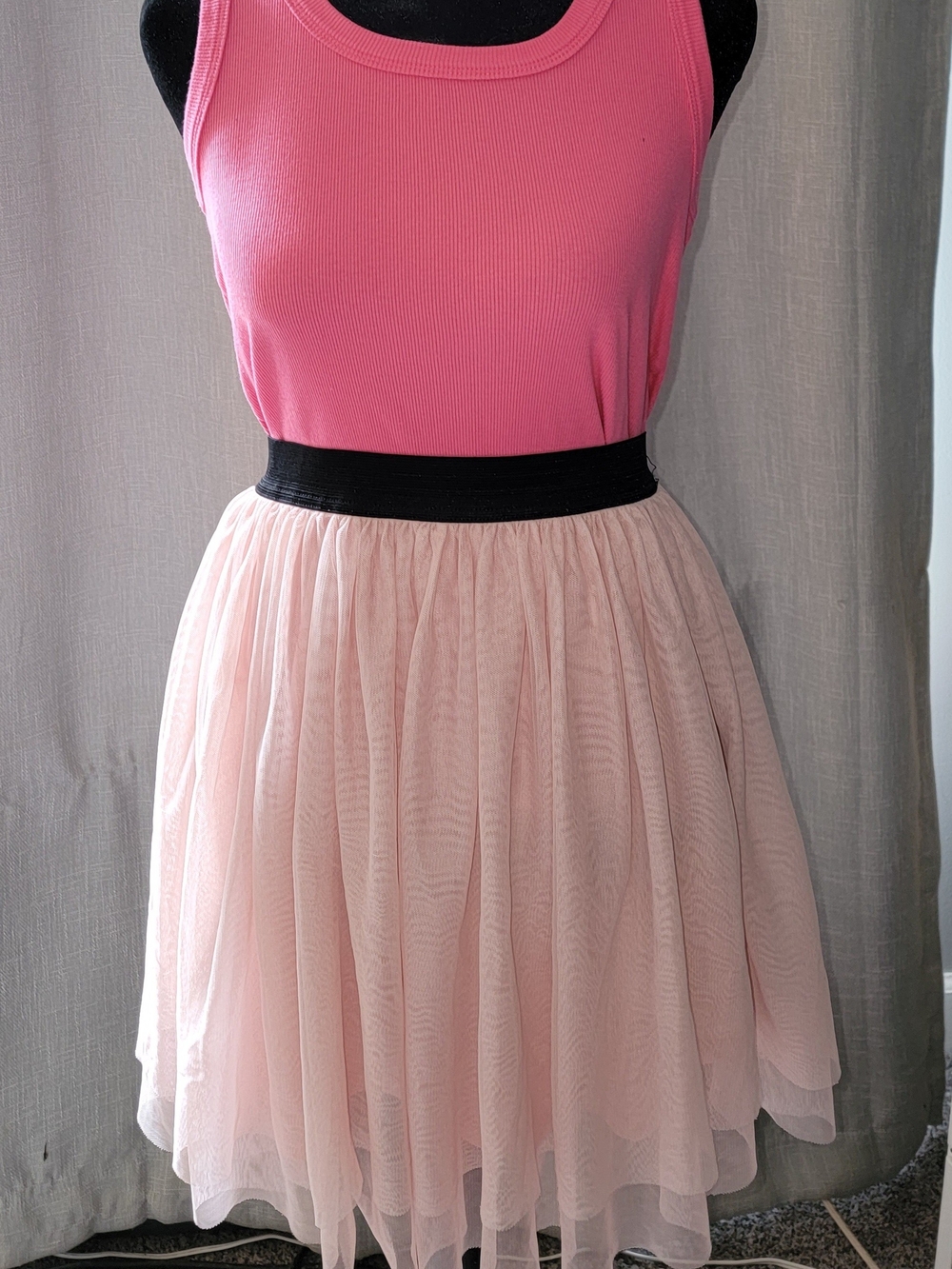 Soft Pink Midi Tulle Skirt with Black Waistband